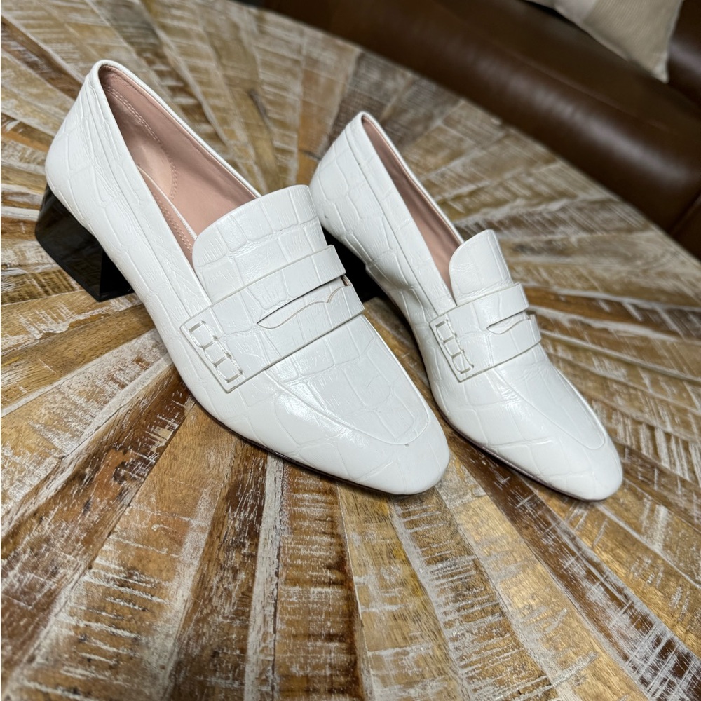 White Leather Loafers with Block Heel
